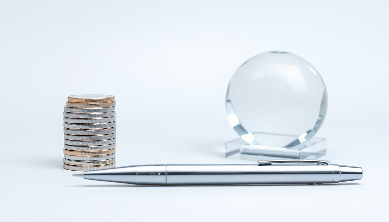 A minimalist studio still life featuring a stack of polished metal coins, a sleek silver pen, and a modern glass paperweight, conceptually representing the financial services industry.