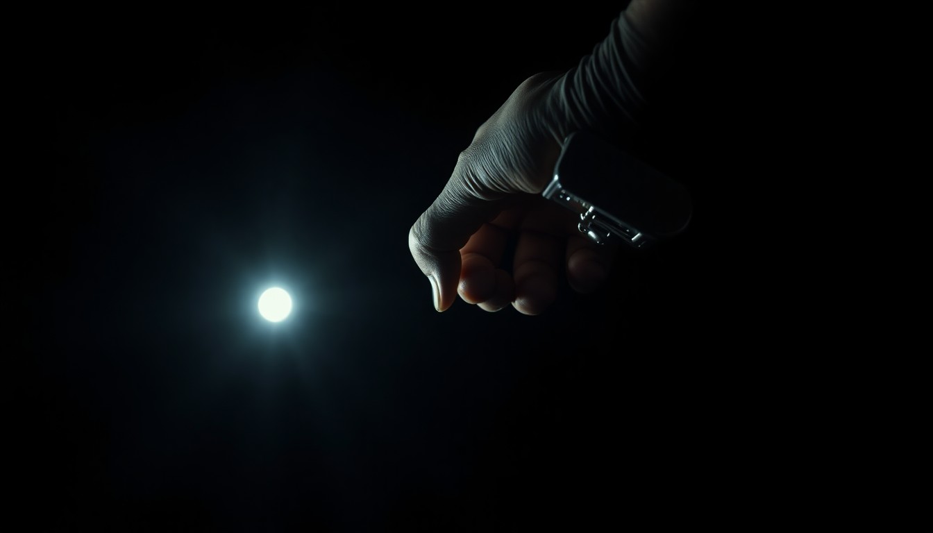 An extreme close-up photograph of a single handcuff against a pitch-black background, with dramatic lighting creating a stark, gritty, and investigative aesthetic.