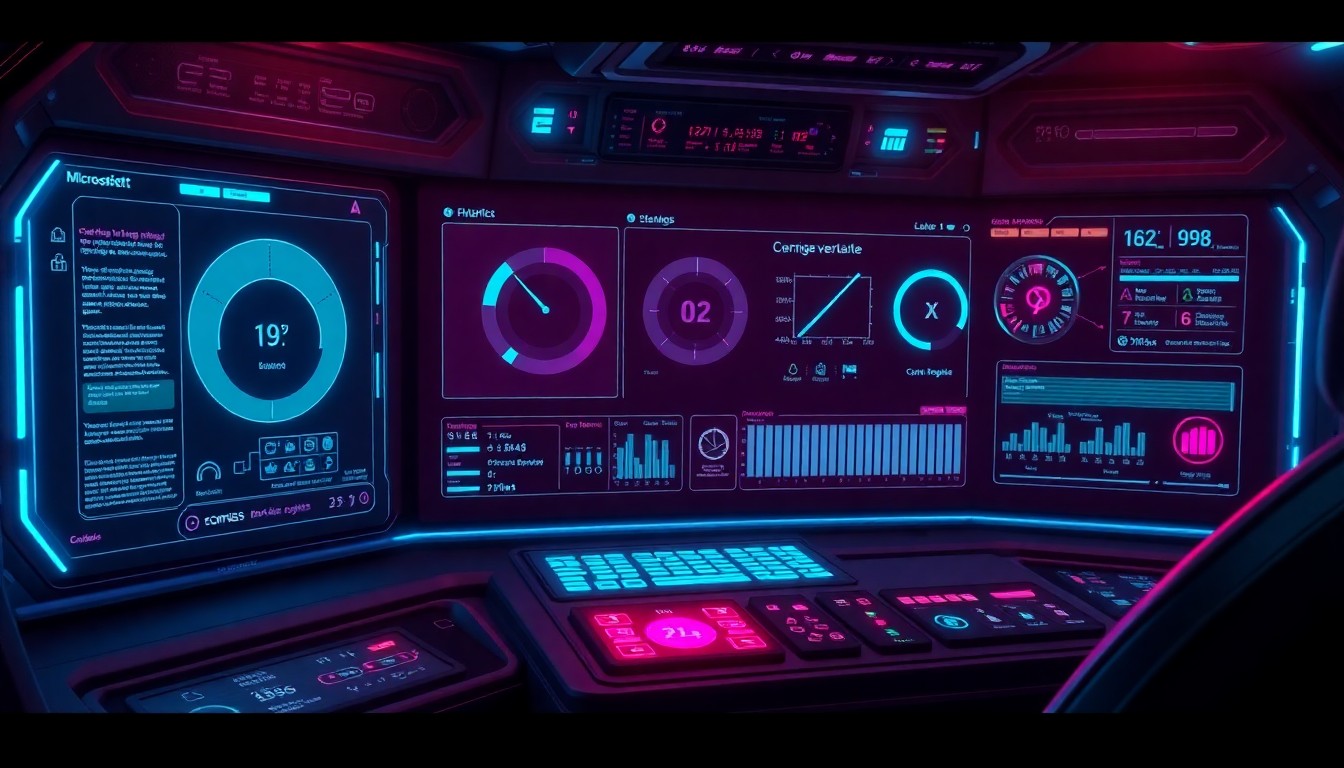A highly detailed, glowing 3D illustration of a futuristic Microsoft 365 Copilot agent interface, with neon cyan and magenta lights illuminating the various controls and functions, conceptually representing the company's efforts to develop a more secure and enterprise-ready AI assistant tool.
