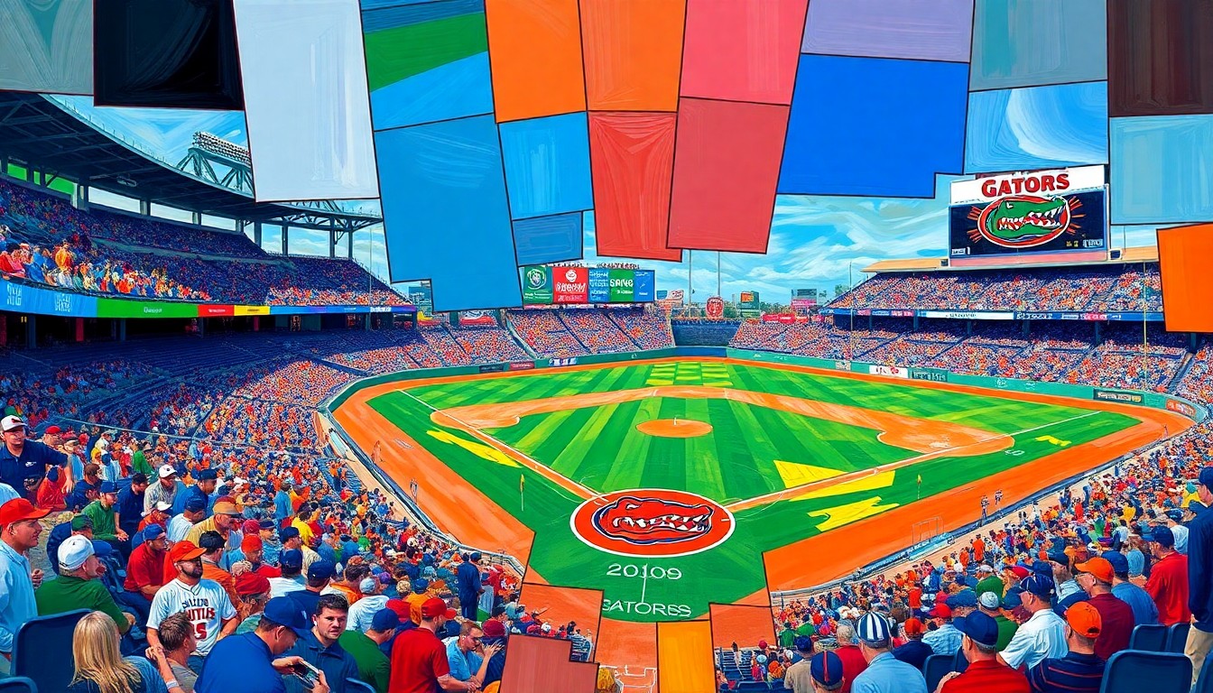 A fractured, multi-perspective painting in bold, geometric shapes and colors, capturing the intensity and unpredictability of a college baseball game or match between the Florida Gators and their SEC rivals.
