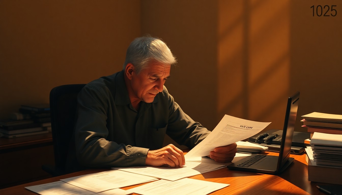 A somber, cinematic painting of an elderly Latino man sitting alone at a desk, surrounded by warm light and deep shadows, conveying a sense of unease and vulnerability around tax season.