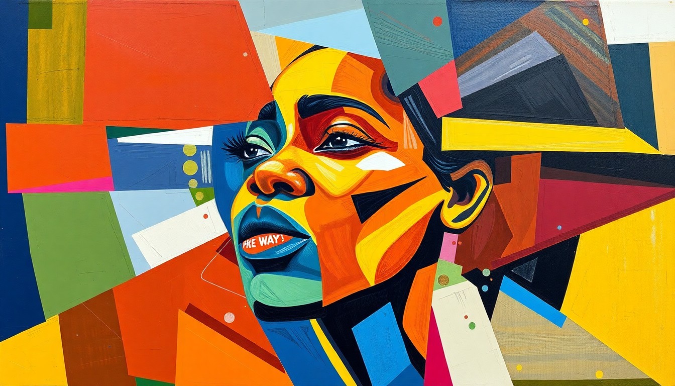 A fractured, geometric painting in vibrant colors depicting the basketball skills, musical talents, and inspirational story of Flau'jae Johnson, an LSU athlete who has overcome challenges to become a role model for young women.