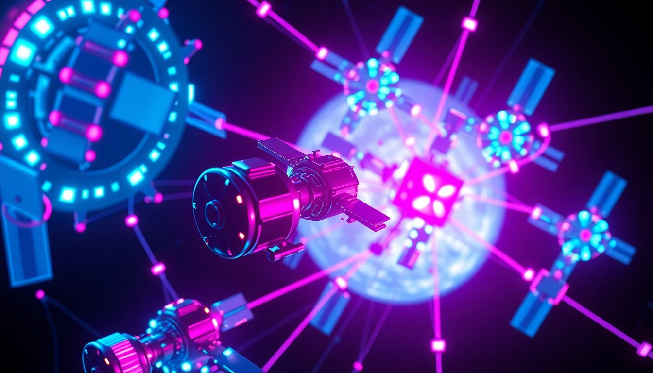 A highly detailed, glowing 3D illustration of a network of interconnected satellites in low Earth orbit, featuring recognizable components like solar panels and computing modules, conveying the concept of space-based AI infrastructure.