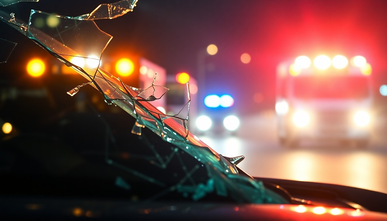 An extreme close-up of a shattered car windshield reflecting the flashing lights of emergency vehicles, conceptually illustrating the aftermath of a fatal wrong-way collision.