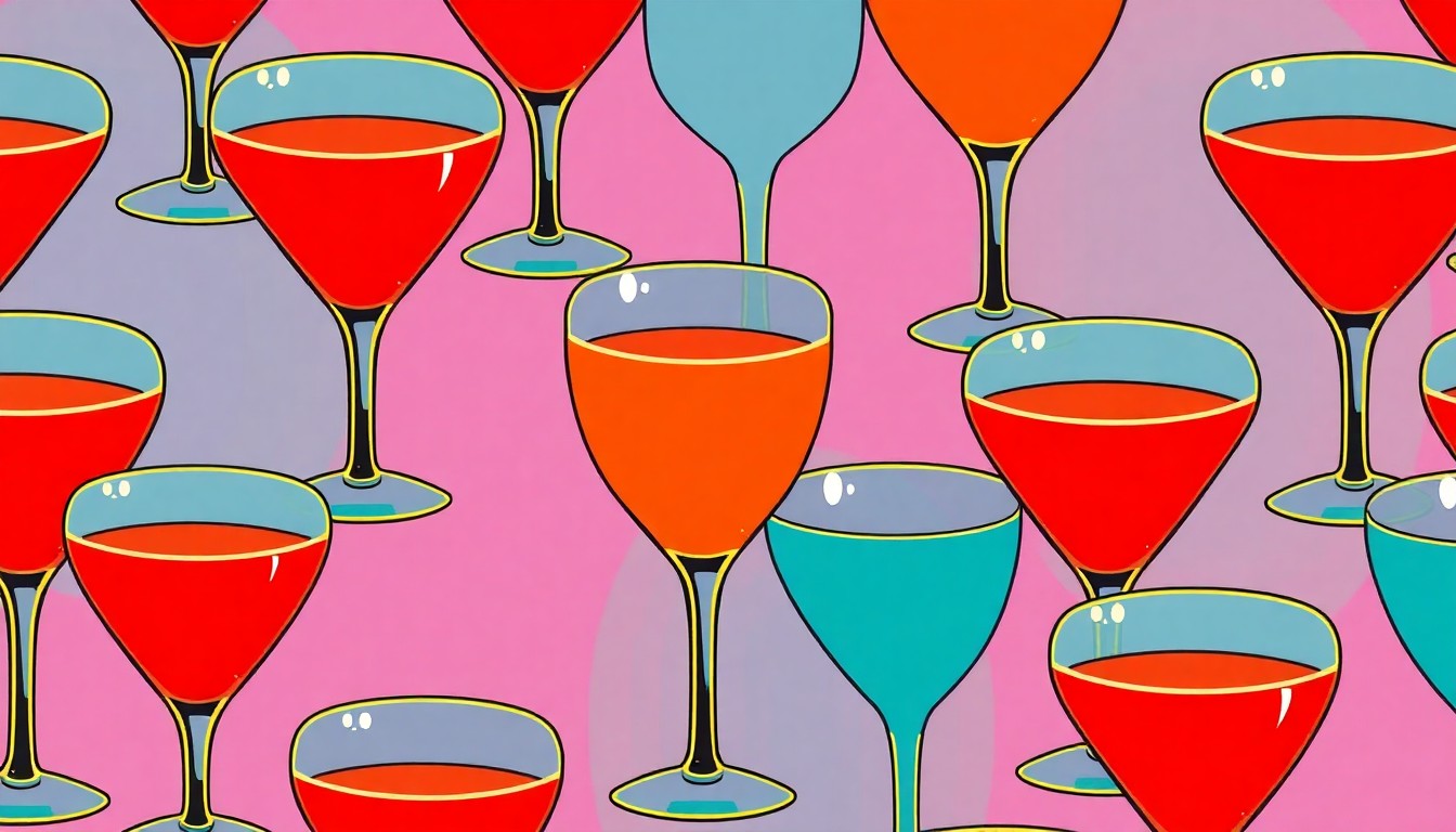 A high-contrast, silkscreen-style illustration of a classic mid-century modern cocktail glass repeated in a vibrant, neon-colored grid, capturing the retro charm and lively atmosphere of Lulu California Bistro.