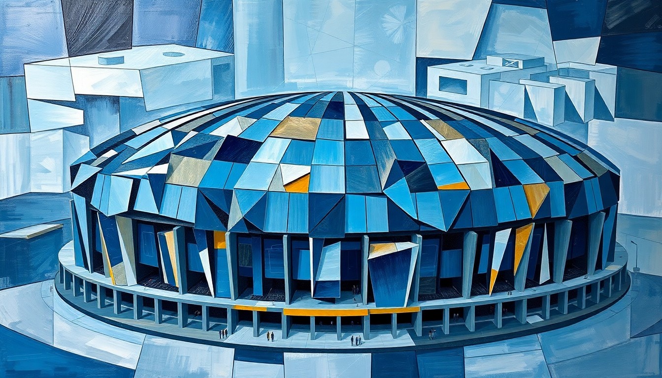 A cubist-style painting depicting the Houston Astrodome broken down into sharp, overlapping geometric planes in a palette of deep blues, greys, and metallic accents, capturing the architectural complexity and historical significance of the landmark sports venue.
