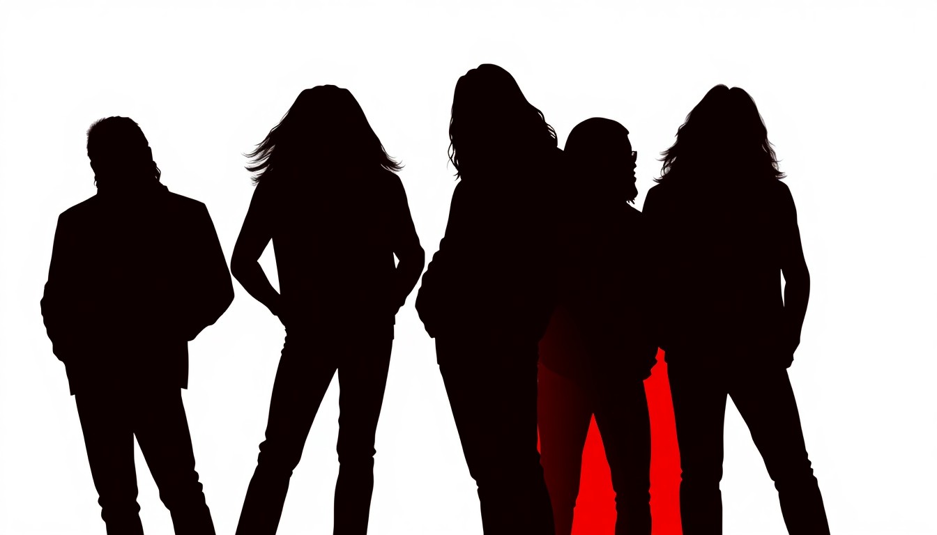 A striking, abstract illustration featuring bold, geometric black silhouettes representing the members of Lynyrd Skynyrd, set against a high-contrast background of solid red and white, conceptually capturing the energy and legacy of the classic rock icons.