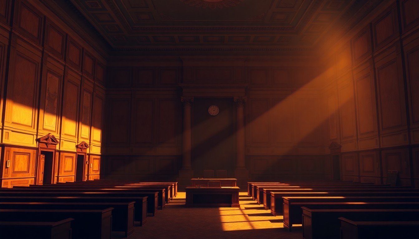 A dimly lit, cinematic painting of an empty government office or legislative chamber, with warm sunlight streaming through the windows and deep shadows covering the walls and furniture, creating a sense of solitude and contemplation about the political process.