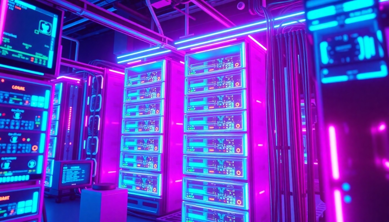 A highly detailed, glowing 3D illustration of a complex Roblox game server infrastructure, with neon cyan and magenta lights illuminating the digital architecture, conceptually representing the platform's efforts to improve online safety for children.