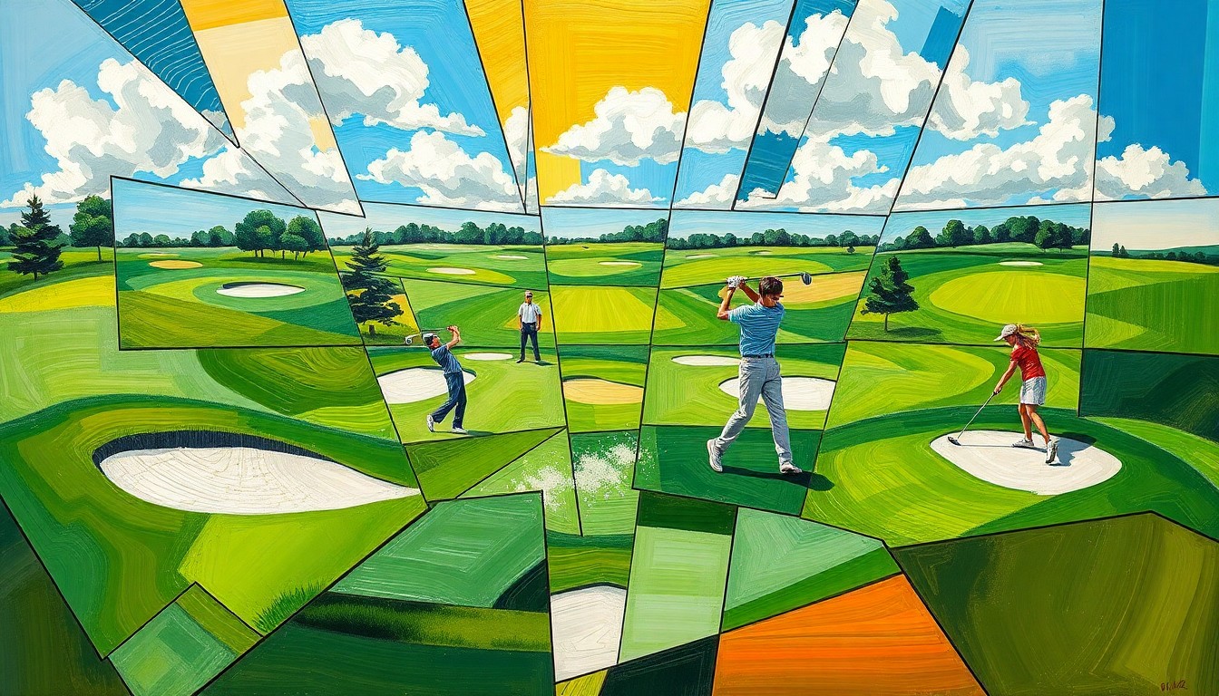 A fragmented, geometric painting depicting the various elements of a golf course - fairways, sand traps, swinging clubs - from multiple angles, capturing the dynamic action of a high school golf competition.