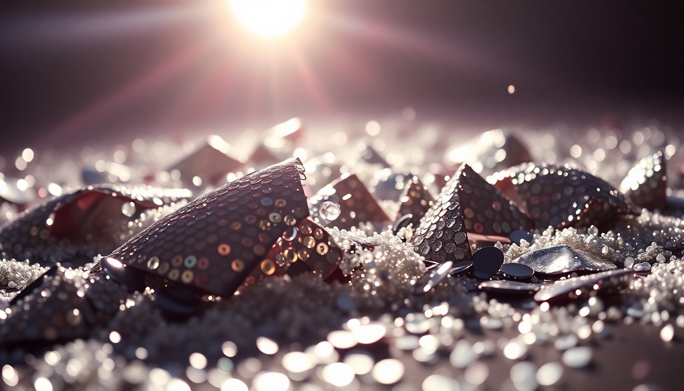 An abstract close-up photograph of luxurious, glittering sequins and shattered glass, capturing the high-end, glamorous visual style of the new comedy series.