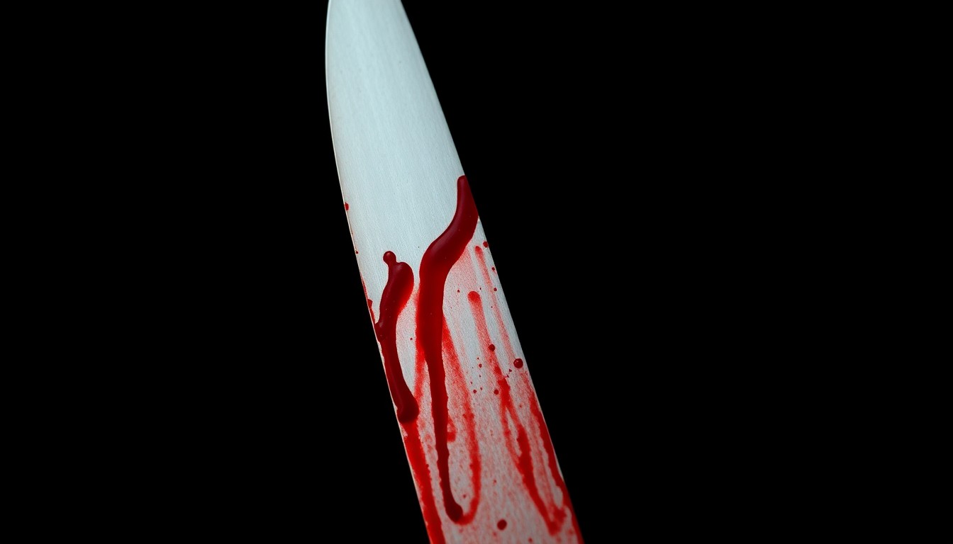 An extreme close-up of a single bloodied knife blade, the harsh lighting and dark background creating a stark, gritty, investigative aesthetic that conceptually represents the violence of the crime.