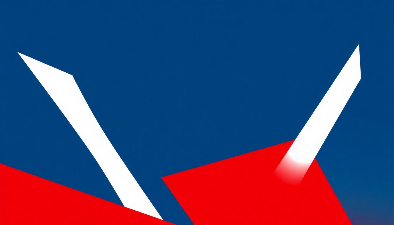 A striking abstract composition of geometric shapes in bold blue, red, and white, conveying the conceptual clash between traditional and contemporary performing arts.