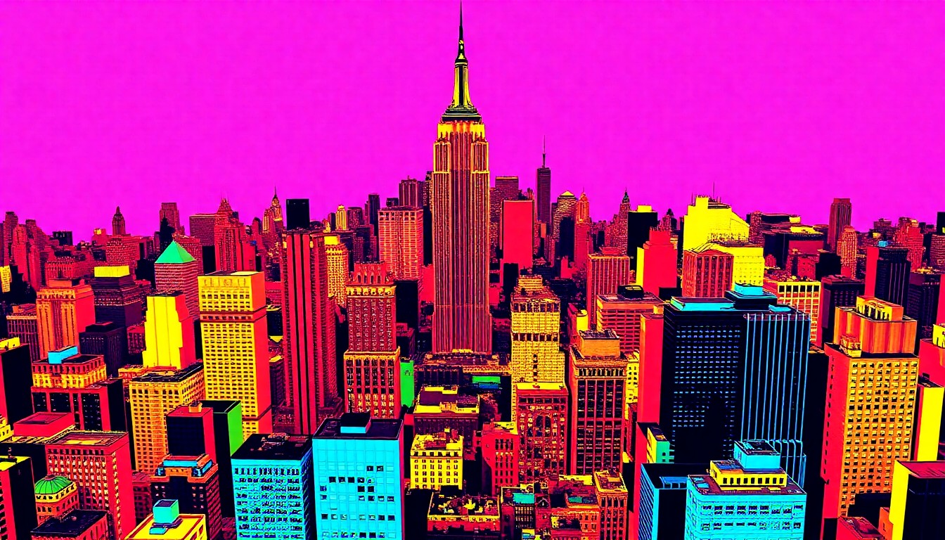 A highly stylized, brightly colored silkscreen print of the Panorama of the City of New York scale model, repeated in a tight grid pattern to capture the iconic landmark's role in the annual trivia competition.