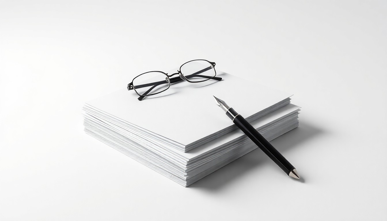 A minimalist studio still life photograph featuring a stack of legal documents, a fountain pen, and a pair of eyeglasses arranged elegantly on a clean, monochromatic background, symbolizing the refined, professional nature of the legal industry.