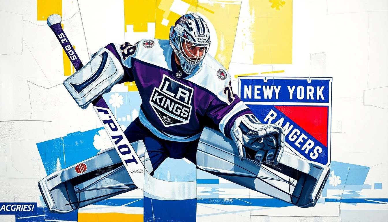 A fractured, cubist-style painting depicting a hockey goaltender making a save, with sharp geometric planes in the official colors of the Los Angeles Kings and New York Rangers, conceptually representing the transition from Quick's storied career to Forsberg's emergence.