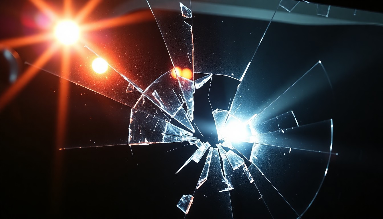 An extreme close-up photograph of shattered car window glass reflecting the harsh light of a camera flash, conceptually illustrating the violent confrontation between an intoxicated driver and law enforcement.