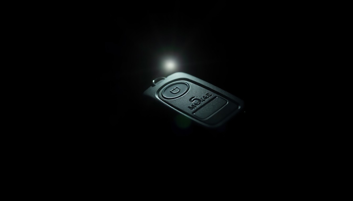 An extreme close-up photograph of a car key with a faint reflection, lit by a harsh, direct camera flash against a pitch-black background, creating a stark, gritty, investigative aesthetic.