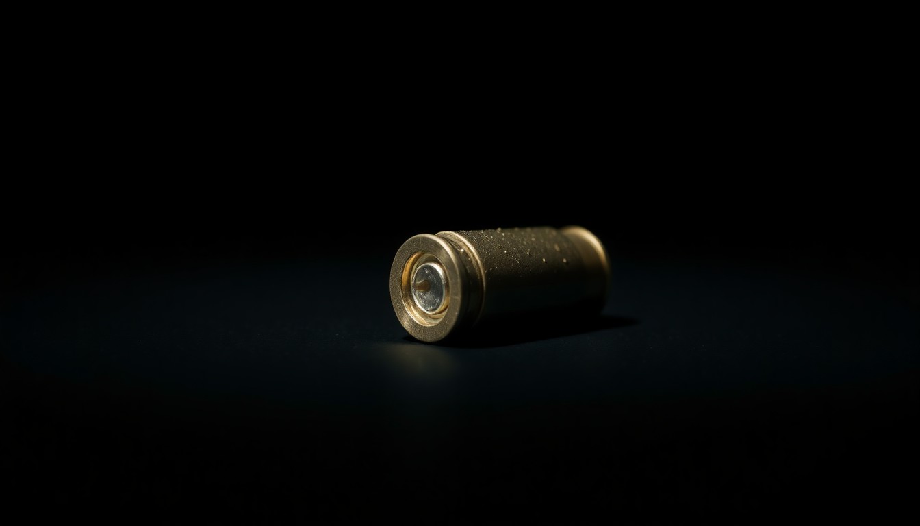 An extreme close-up photograph of a single spent bullet casing against a pitch-black background, the metallic surface reflecting the harsh, direct lighting to create a gritty, investigative aesthetic.