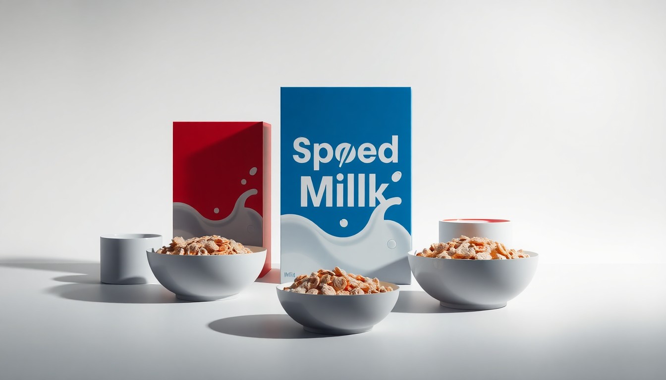 A high-end, photorealistic studio still-life photograph featuring a collection of sleek, polished cereal boxes and bowls arranged elegantly on a clean, monochromatic background, conceptually representing the premium, nostalgic experience of The Spelled Milk cereal bar.