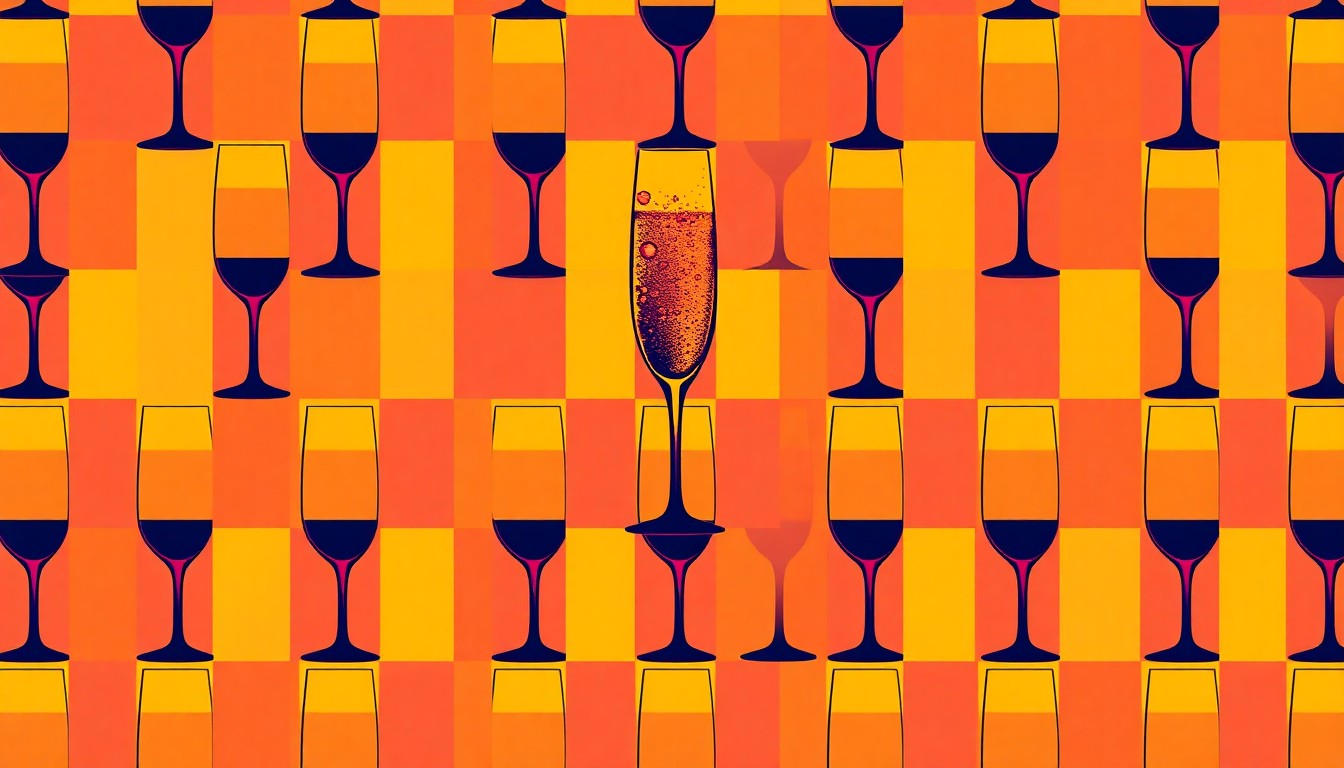 A highly stylized, abstract grid of champagne glasses rendered in a bold, neon color palette and silkscreen pop art style, conceptually representing the elevated Champagne experience of Vedaa's dinner.