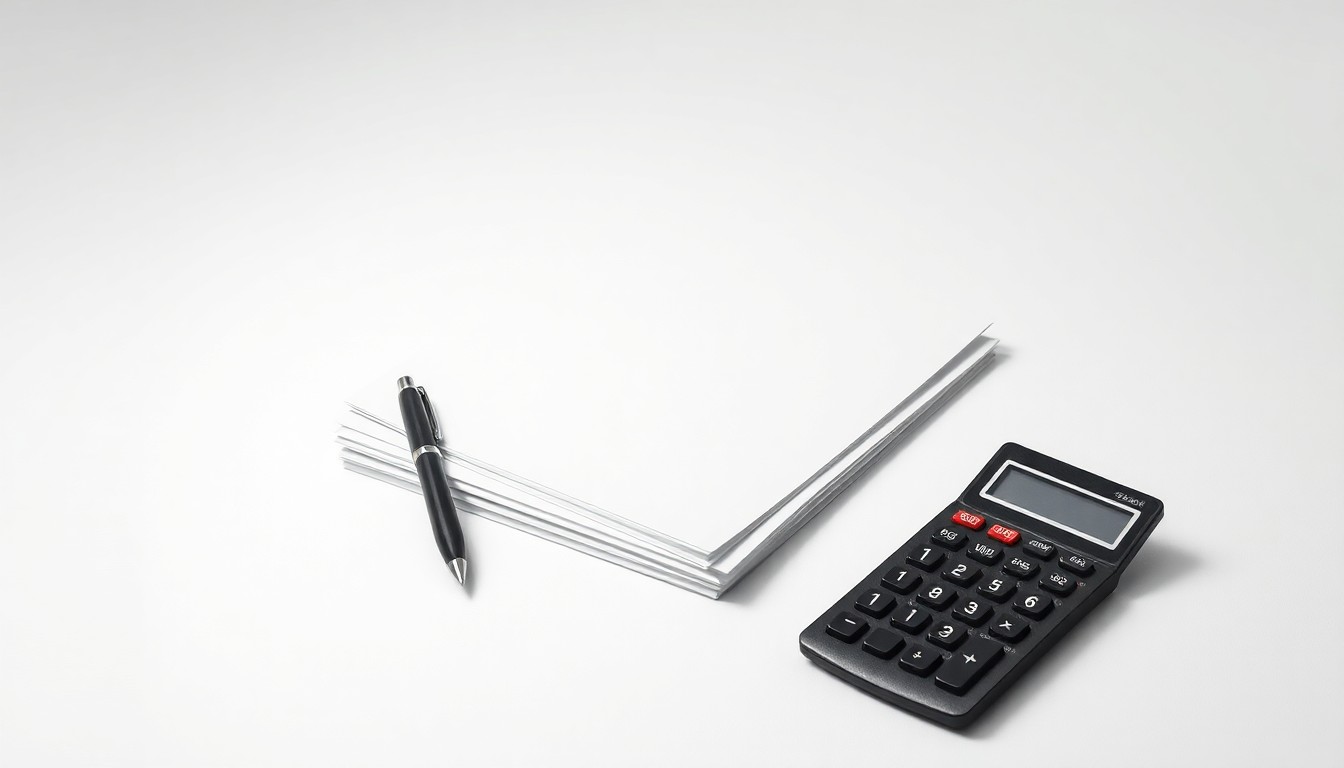 A photorealistic studio still life featuring a stack of business documents, a pen, and a calculator arranged elegantly on a clean, white background, conceptually representing the financial assistance and resources being offered to small businesses through the new county program.