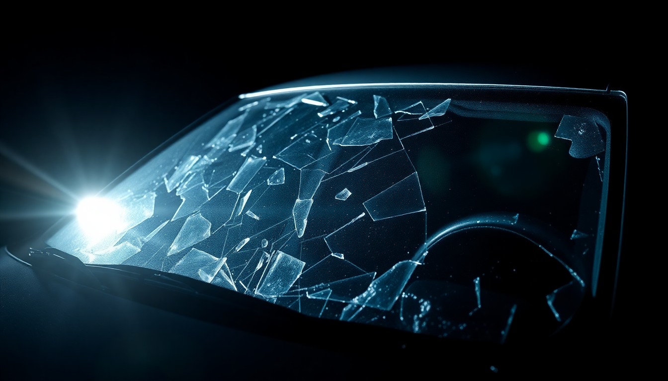 An extreme close-up photograph of a shattered car windshield, capturing the intense impact and damage of the vehicle's fall from the bridge in a stark, gritty visual style.