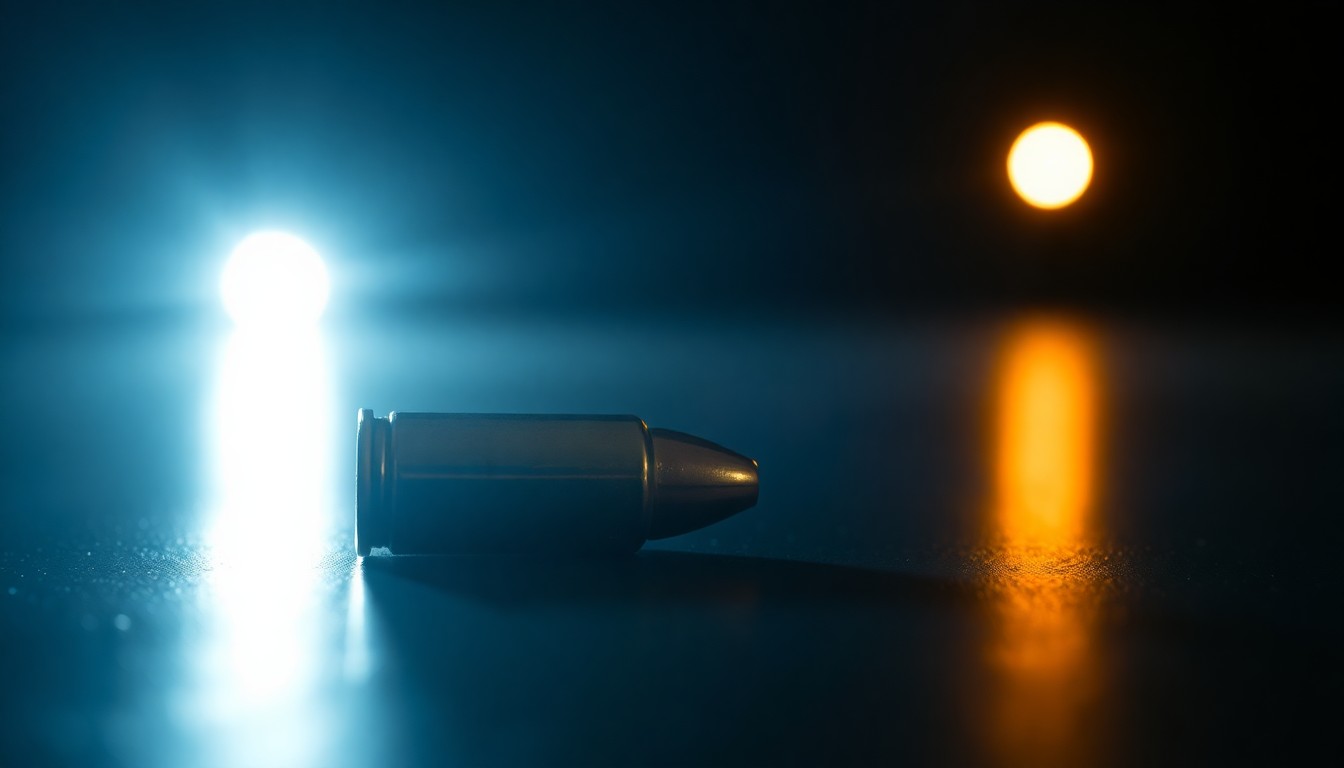 An extreme close-up of a single metallic bullet casing on a dark surface, the harsh flash illuminating the textured details of the shell and creating a stark, gritty aesthetic to conceptually represent the tragic workplace violence.