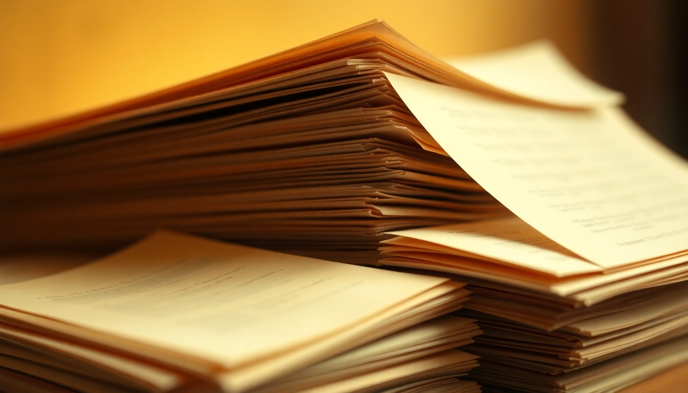 An abstract, out-of-focus photograph showing a stack of old, yellowed paper documents in warm, hazy light, conveying the concept of digitizing historical archives.