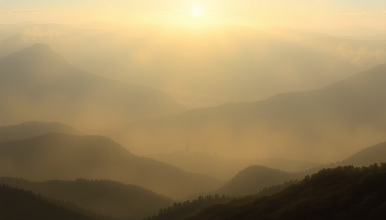 A sweeping, atmospheric landscape painting in muted tones of gold, ochre, and hazy blue, depicting a distant city skyline partially obscured by the dramatic, expansive sky above, conveying a sense of the overwhelming scale and power of the natural environment.