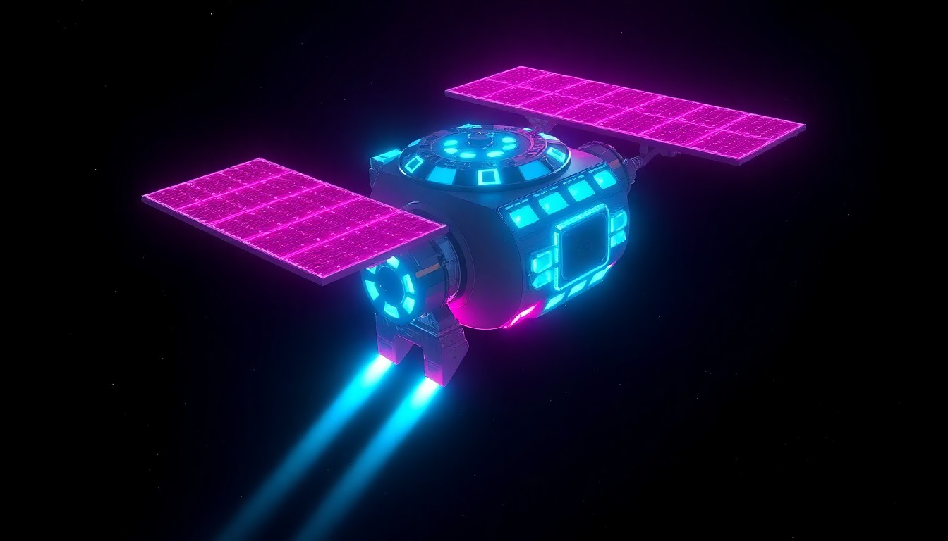 A highly detailed, glowing 3D illustration of the Vigoride-7 orbital service vehicle, its solar panels extended and propulsion systems illuminated in neon cyan and magenta, set against a dark, starry backdrop.