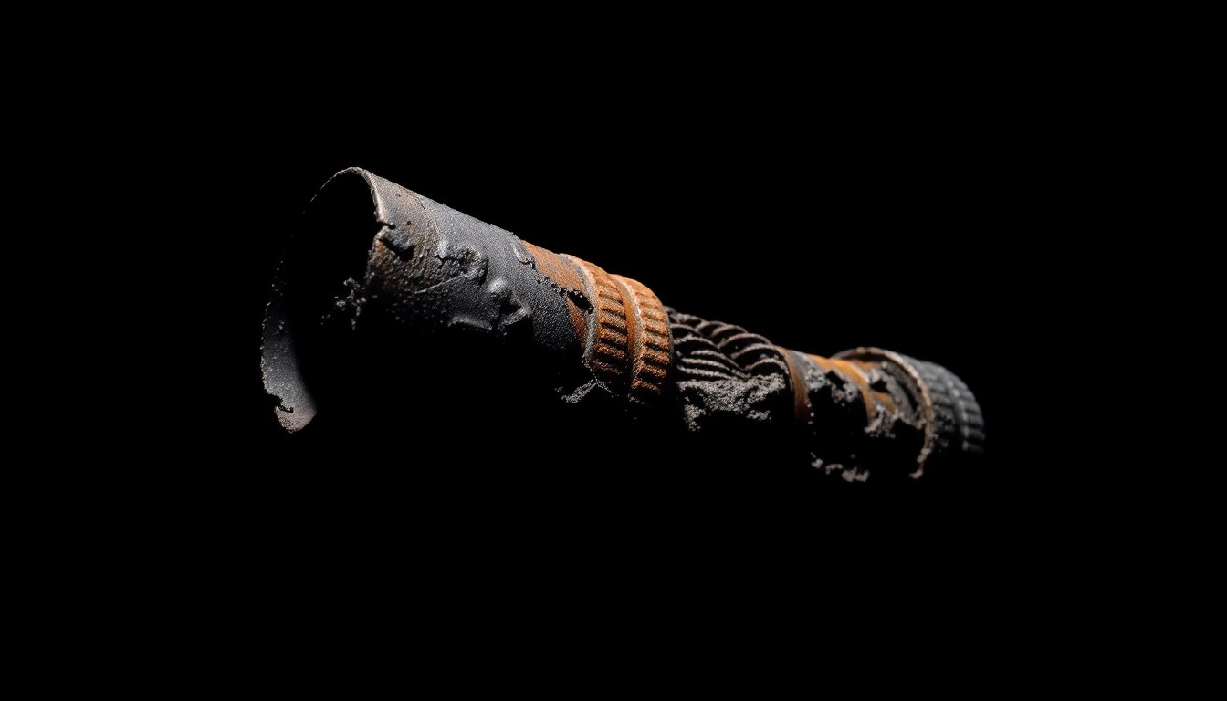 An extreme close-up of a charred, twisted metal object from the warehouse fire, reflecting a harsh, direct camera flash and creating a stark, gritty, investigative aesthetic.