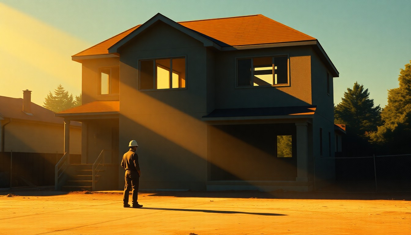 A cinematic painting depicting a lone construction worker standing in the shadow of a partially built high-end home, the scene bathed in warm, diagonal sunlight and deep shadows, conveying a sense of quiet contemplation and the complex relationship between the state's tax policies and its construction industry.