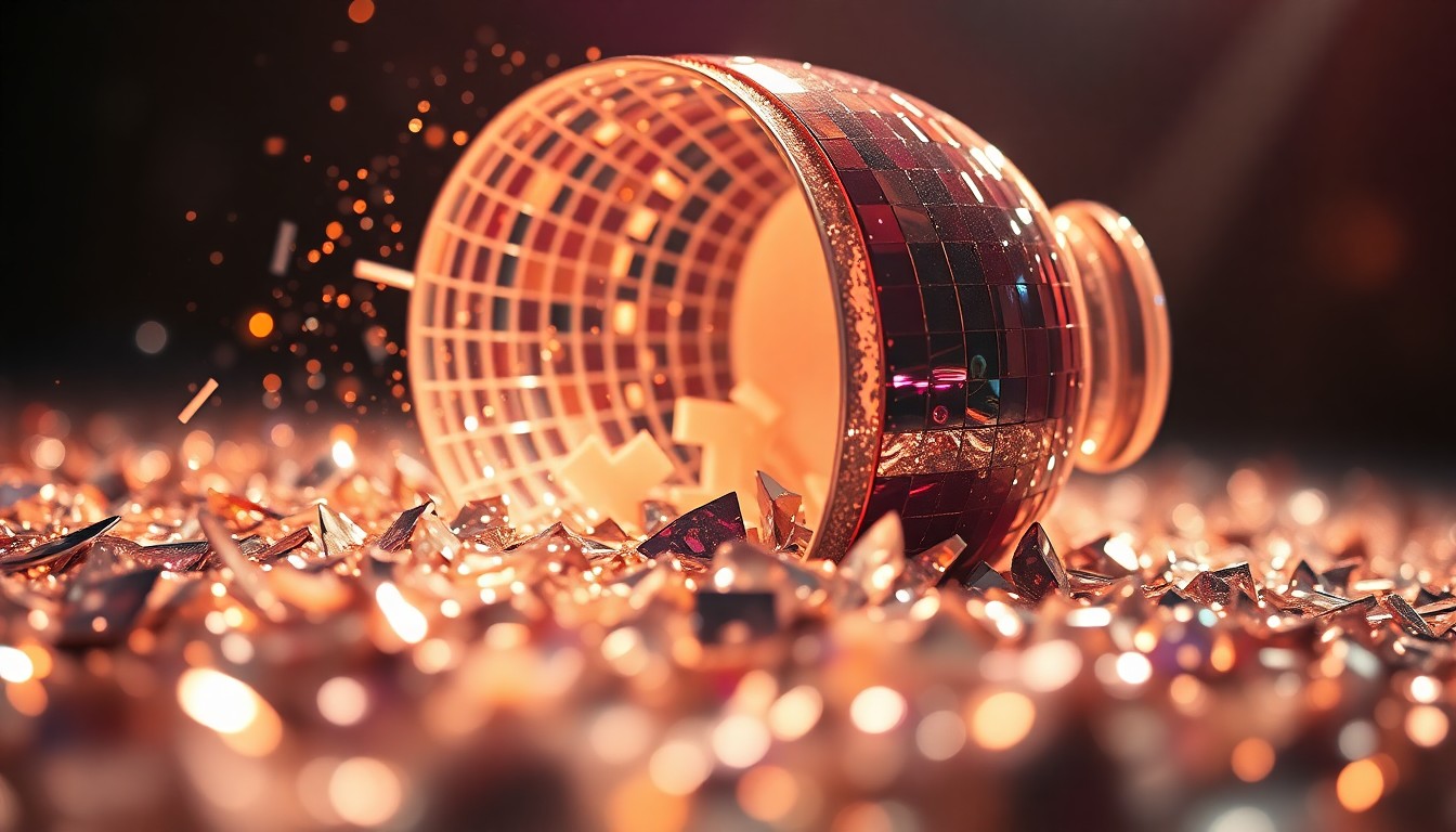 An extreme close-up photograph of shimmering sequins and shattered glass reflecting dramatic studio lighting, conceptually representing the glamour and energy of a pop music performance.