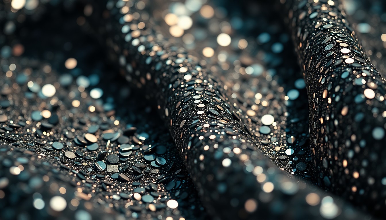 An extreme close-up photograph of shimmering, high-contrast sequins and glittering shards of glass, conceptually representing the glamour and drama surrounding a celebrity couple's divorce and the sale of their luxury mansion.