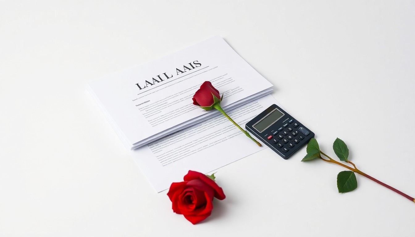 A high-end, photorealistic studio still-life photograph featuring a stack of legal documents, a calculator, and a single red rose on a plain white background, symbolizing the legal and financial complexities of the antitrust case against China's dominant online travel platform.