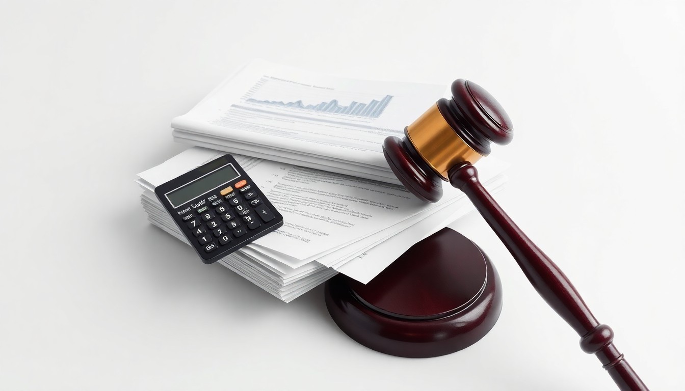 A photorealistic studio still life featuring a stack of financial documents, a calculator, and a gavel floating on a clean, white background, conceptually representing the abstract corporate finance and legal proceedings related to the Navan IPO.