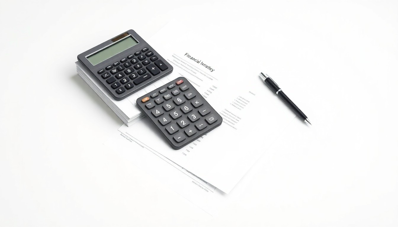A high-end, photorealistic studio still-life photograph featuring a stack of financial reports, a calculator, and a pen arranged elegantly on a clean, white seamless background, conceptually representing the abstract corporate strategy and finance at the heart of this lawsuit.