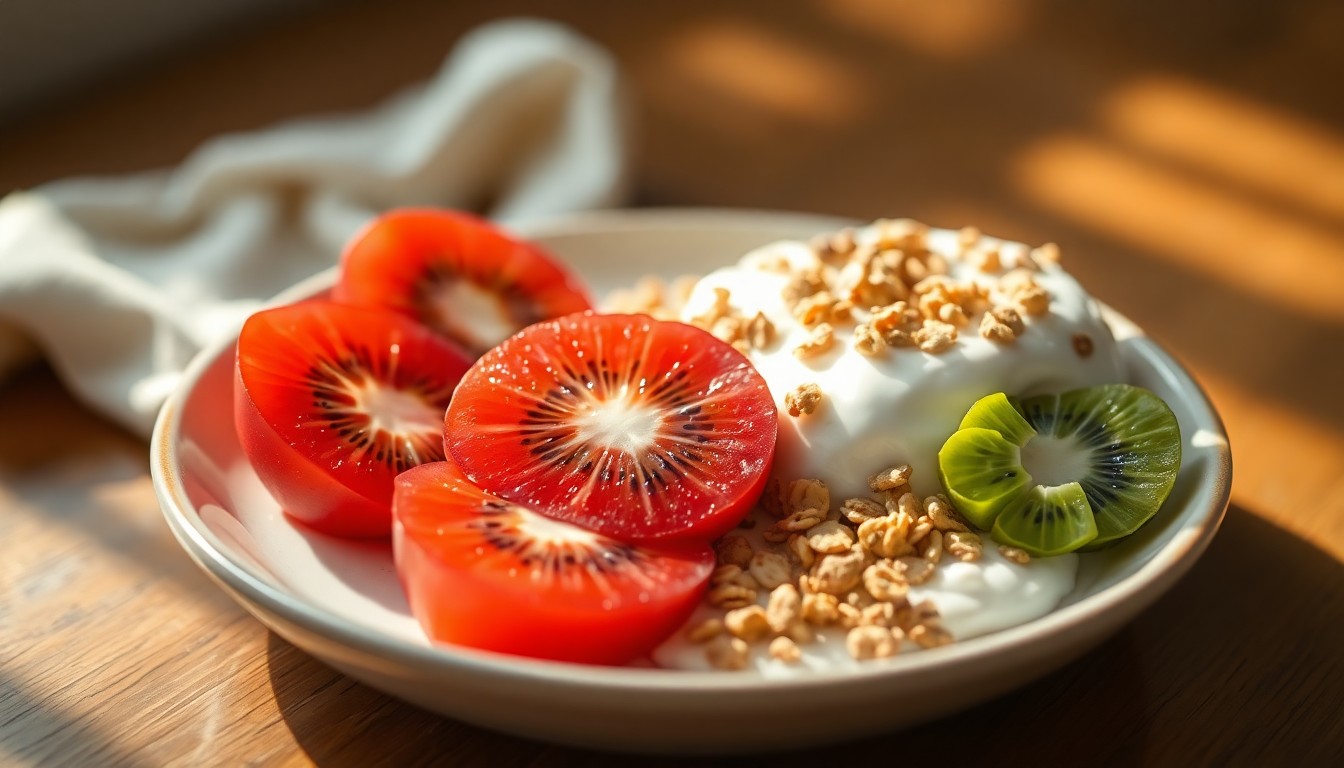 An extremely abstracted, out-of-focus photograph of a plate with sliced red kiwifruit, yogurt, and granola, all in soft, warm pools of light and color, conceptually representing the vibrant and nutritious nature of the new seasonal fruit.