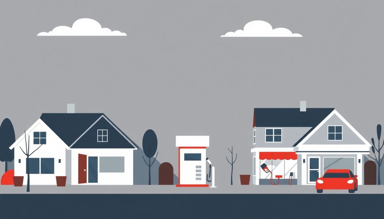 A minimalist illustration using geometric shapes and a muted color palette to conceptually represent the economic impact of rising gas prices on suburban households and small businesses.