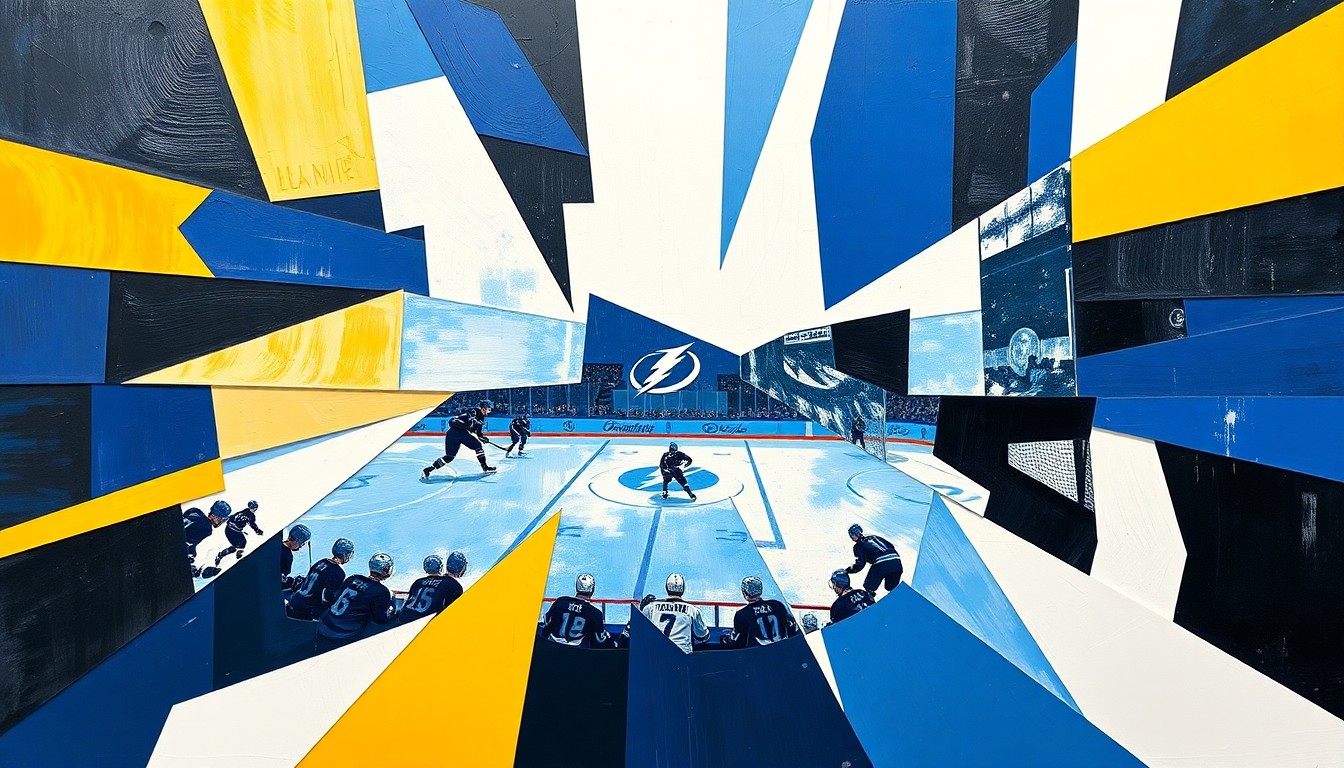 A cubist, geometric painting featuring overlapping planes of blue, white, and black, capturing the dynamic energy of a hockey game.