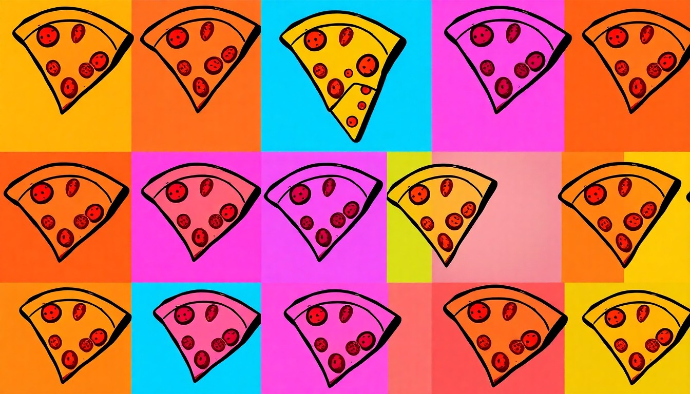 A vibrant, abstract grid of brightly colored, high-contrast pizza slices, conceptually representing the innovative and joyful spirit of Sarasota's best pizza.