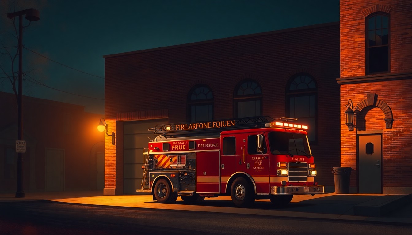 A photorealistic painting of a red fire engine parked outside a brick fire station, with warm sunlight casting long shadows across the scene, capturing a sense of quiet civic pride and nostalgia.