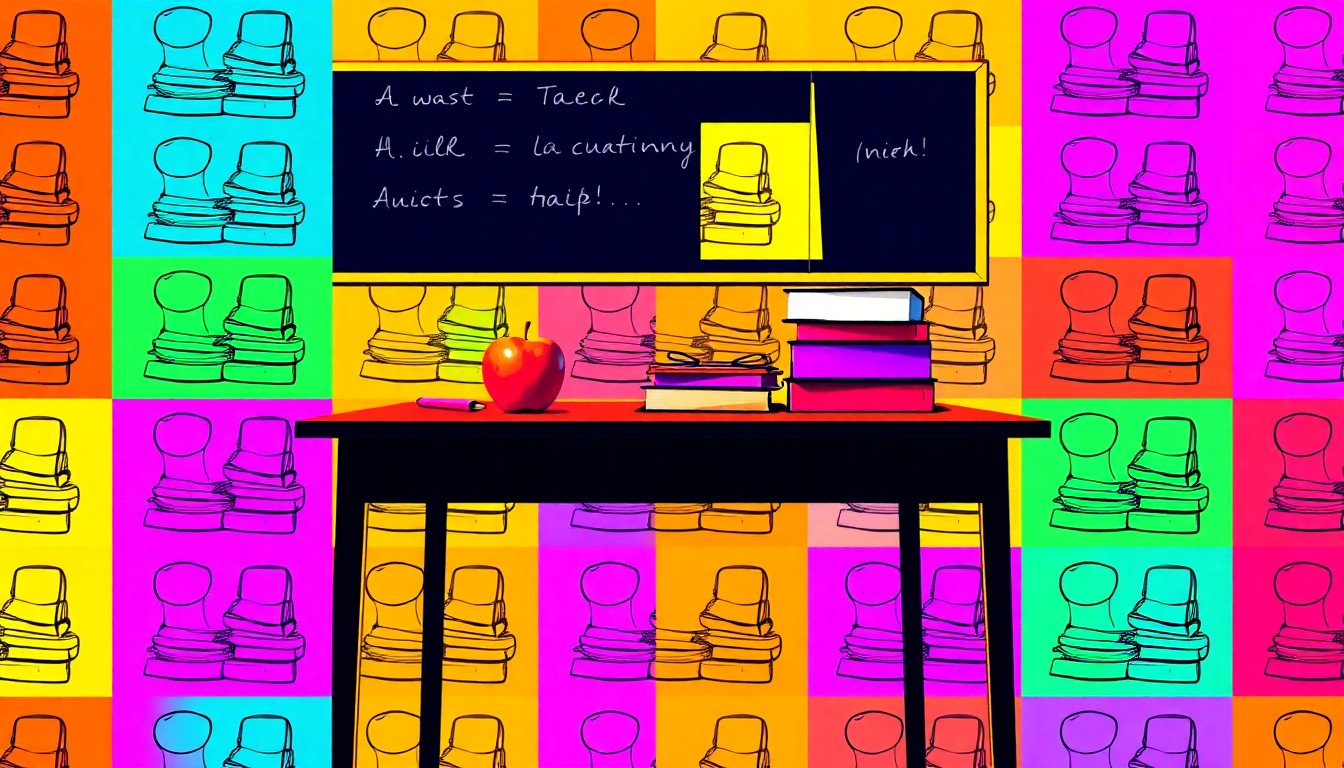 A vibrant, pop art-inspired grid of brightly colored teacher's desk objects, conceptually representing the educational focus of Central Tech's new program.