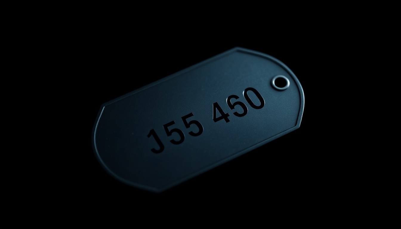 An extreme close-up of a military dog tag with a serial number, lit by a harsh, direct camera flash against a pitch-black background, conveying the serious, investigative nature of this classified information leak case.