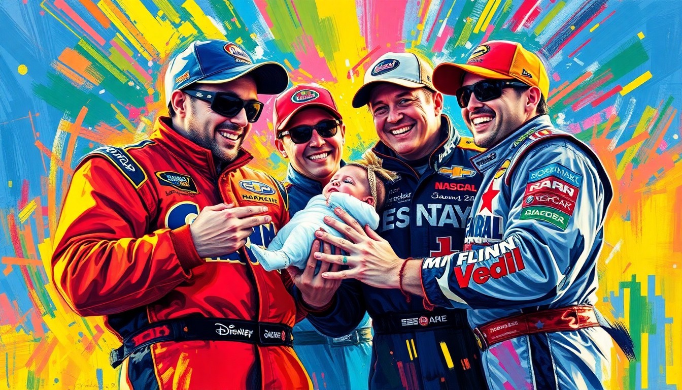 An abstract, energetic painting in neon colors depicting the excitement and joy of NASCAR drivers celebrating a new addition to their families.