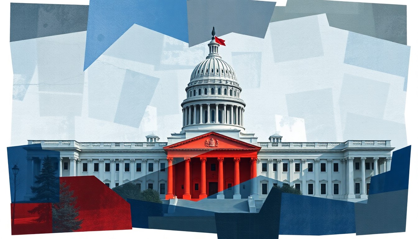 A dynamic, fragmented painting in shades of blue, grey, and red depicting an abstract government or political symbol, conveying the complex and contested nature of federal immigration detention policies.