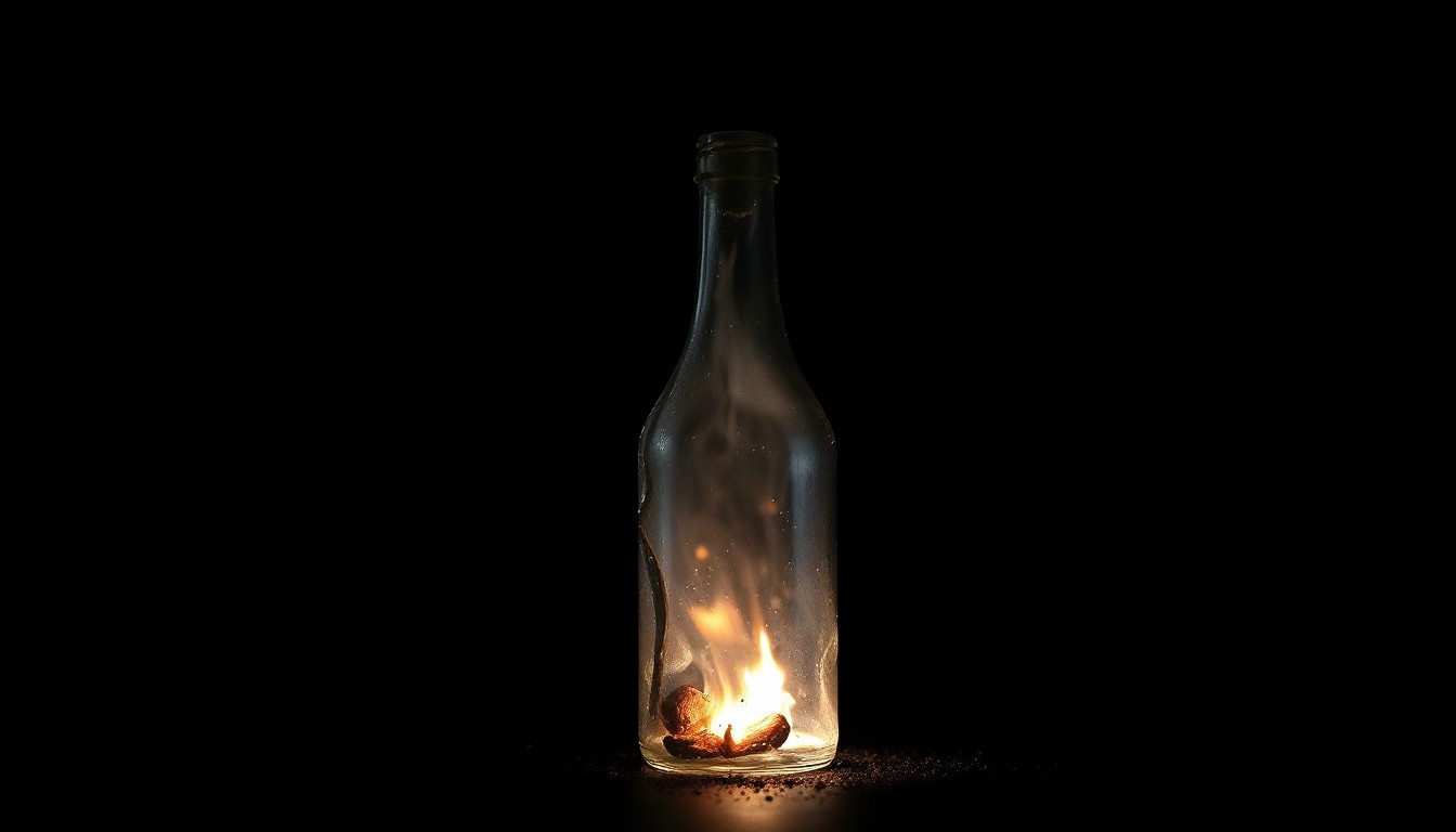 An extreme close-up photograph of a charred, melted Molotov cocktail bottle, capturing the dramatic texture and material details of the object in a stark, gritty investigative style.