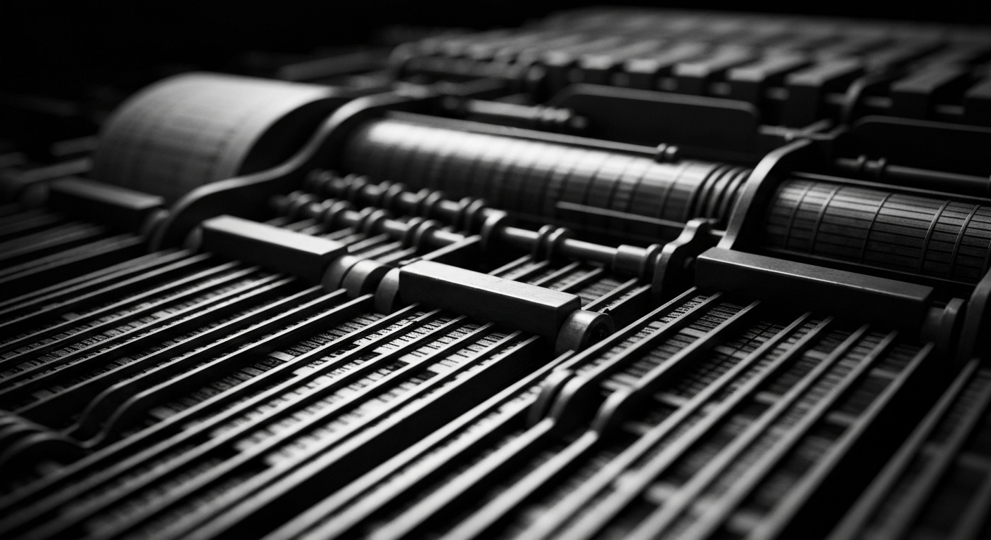 A black and white close-up photograph of gears, levers, and other heavy industrial machinery, representing the tangible, physical nature of the financial sector.