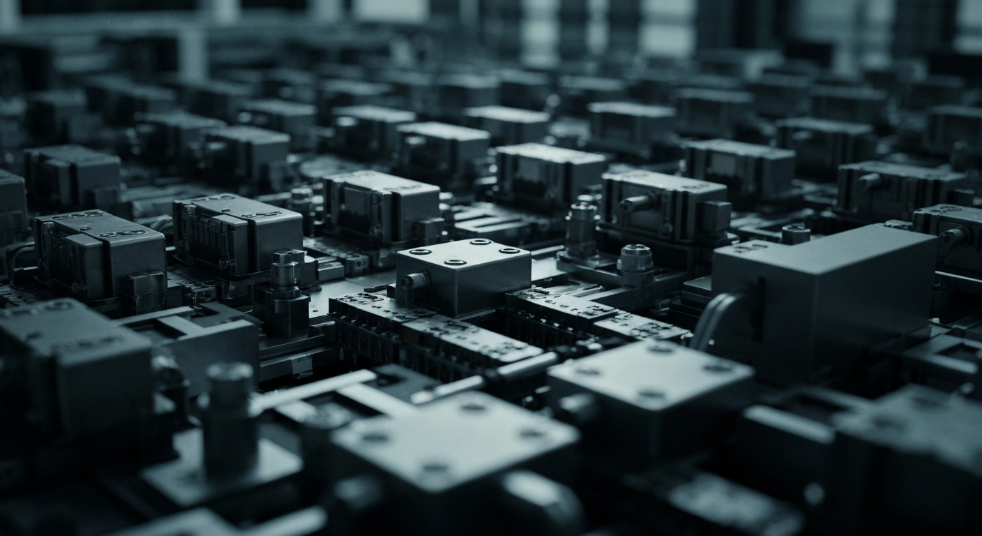 An extreme close-up of the gears, circuits, and metal components that make up the inner workings of a semiconductor fabrication facility, captured in a high-contrast, industrial style that emphasizes the scale and complexity of the technology.